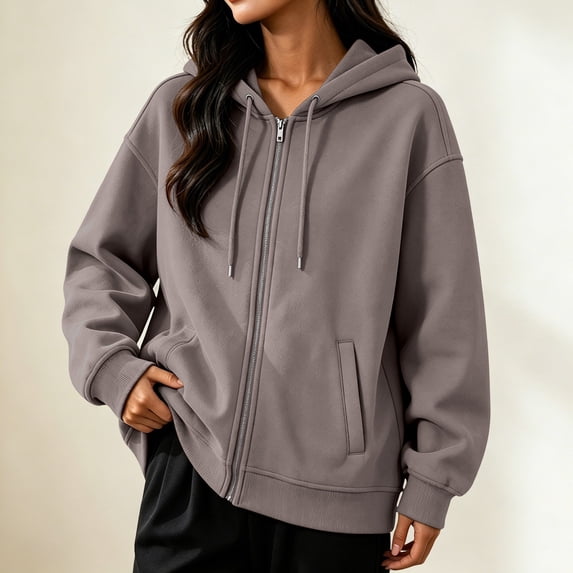 Dpjklzsn Women's Full Zip Hoodie, Long Sleeve Relaxed Sweatshirt with Drawstring Hood and Front Pockets for Everyday Wear