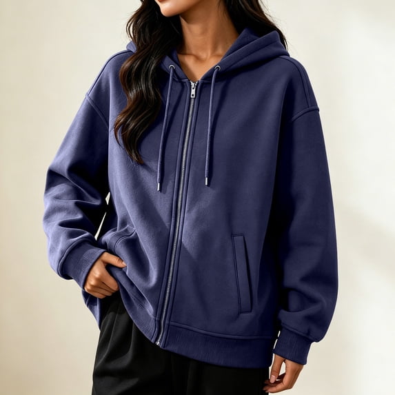 Dpjklzsn Women's Full Zip Hoodie, Long Sleeve Relaxed Sweatshirt with Drawstring Hood and Front Pockets for Everyday Wear