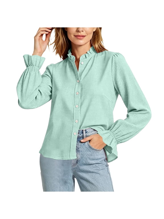 Women's Gingham Blouse, Ruffle Stand Collar Button Front Long Sleeve Smocked Cuff Casual Work Shirt