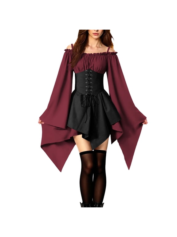 Women's Gothic Renaissance Dress with Off Shoulder Ruffle Neck, Corset Waist and Draped Bell Sleeves