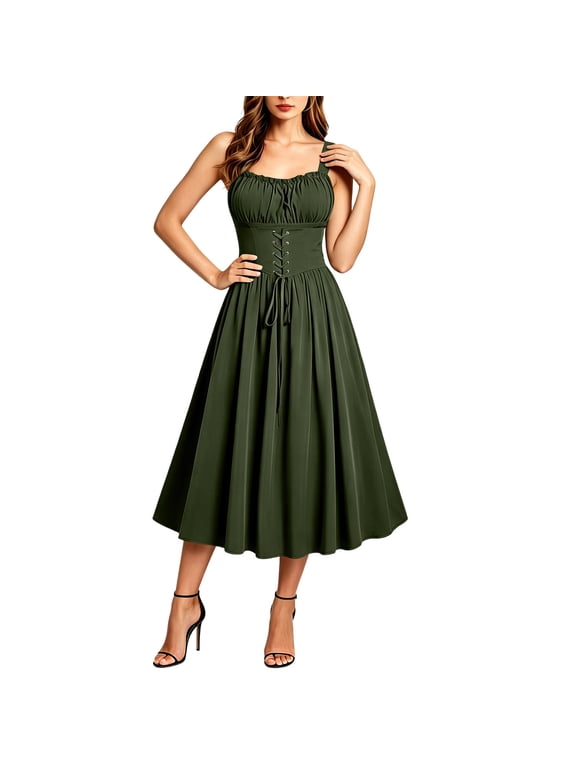 Women's Gothic Sleeveless Midi Dress with Gathered Bust, Corset Inspired Waist and A Line Skirt