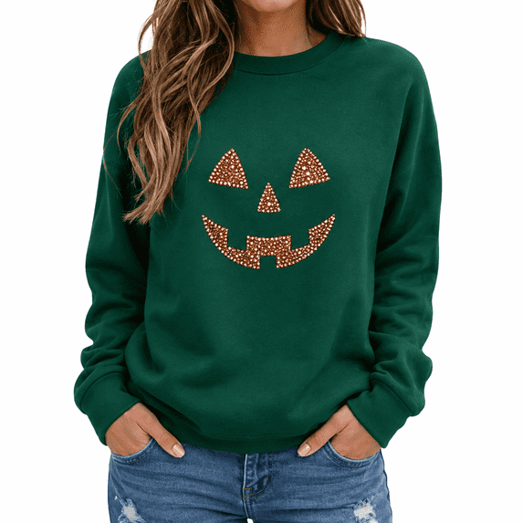 Dpjklzsn Women’s Halloween Pumpkin Sweatshirt, Glitter Jack O Lantern Graphic Crewneck Pullover, Long Sleeve Fall Casual Sweatshirt Top