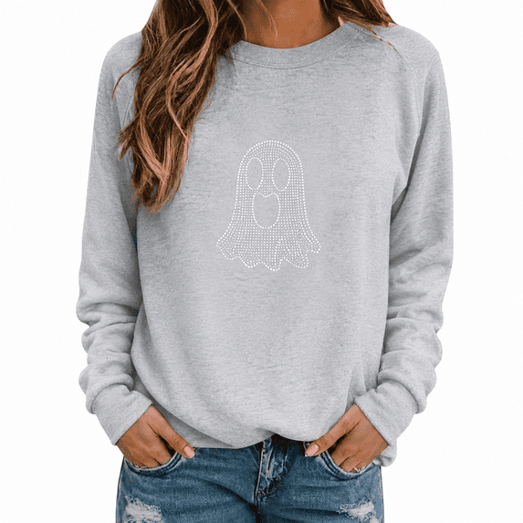 Dpjklzsn Women’s Halloween Rhinestone Ghost Sweatshirt, Loose Fit Long Sleeve Crewneck Pullover Top, Polyester Blend Casual Fall Shirt