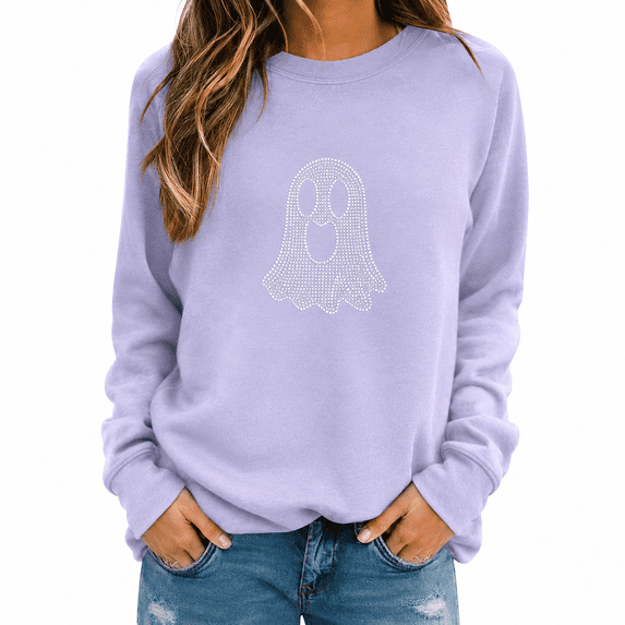 Dpjklzsn Women’s Halloween Rhinestone Ghost Sweatshirt, Loose Fit Long Sleeve Crewneck Pullover Top, Polyester Blend Casual Fall Shirt