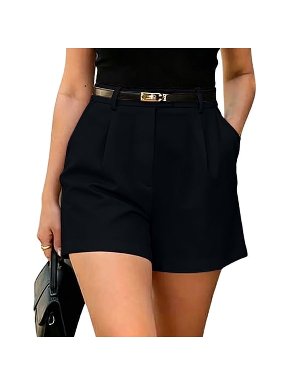 Women's High-Waisted Tailored Shorts, Side Pockets, Belt-loop Waist, Pleated Front for Work, Travel and Dressy Casual Outfits