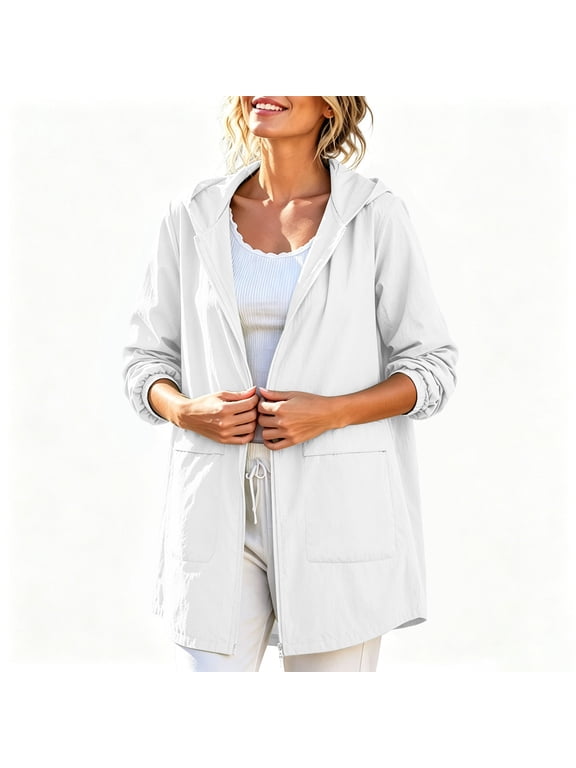 Women's Lightweight Softshell Hooded Jacket, Quick Dry Breathable Longline Outdoor Coat with Pockets