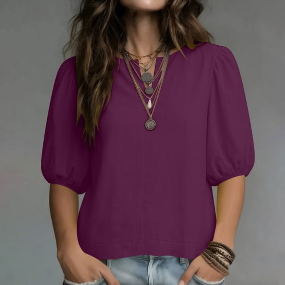 Dpjklzsn Women's Lime Green Puff Sleeve Blouse, Split V Neck Short Sleeve Loose Fit Pullover Summer Top, Solid Casual Shirt