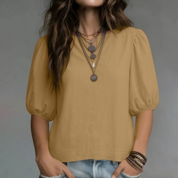 Dpjklzsn Women's Lime Green Puff Sleeve Blouse, Split V Neck Short Sleeve Loose Fit Pullover Summer Top, Solid Casual Shirt