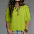 thumbnail image 1 of Dpjklzsn Women's Lime Green Puff Sleeve Blouse, Split V Neck Short Sleeve Loose Fit Pullover Summer Top, Solid Casual Shirt, 1 of 7