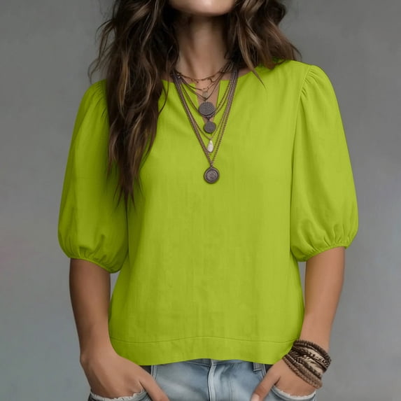 Dpjklzsn Women's Lime Green Puff Sleeve Blouse, Split V Neck Short Sleeve Loose Fit Pullover Summer Top, Solid Casual Shirt