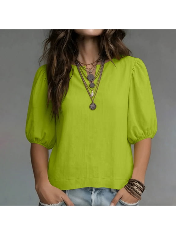 Women's Lime Green Puff Sleeve Blouse, Split V Neck Short Sleeve Loose Fit Pullover Summer Top, Solid Casual Shirt