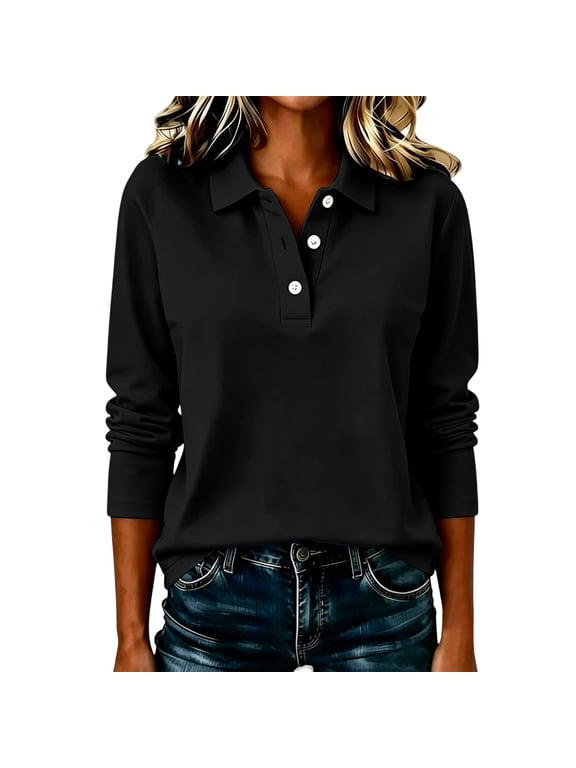 Women's Long Sleeve Collared Golf Top with Button Placket and Relaxed Athletic Fit