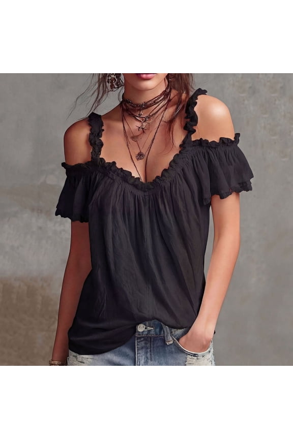 Women's Off Shoulder Ruffle Trim Top, Casual Solid Color Short Sleeve Blouse, Loose Fit Cold Shoulder Summer T Shirt