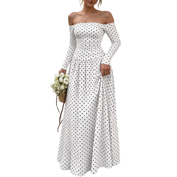 Dpjklzsn Women's Off The Shoulder Long Sleeve Maxi Dress Polka Dot Smocked Waist Flowy A Line Cocktail Dress