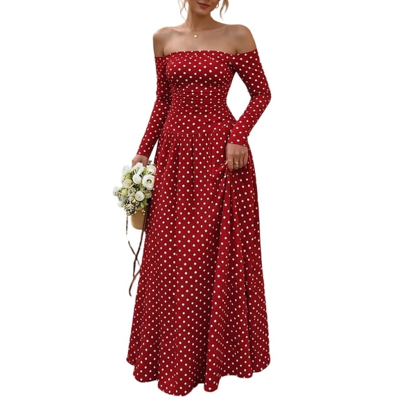 Dpjklzsn Women's Off The Shoulder Long Sleeve Maxi Dress Polka Dot Smocked Waist Flowy A Line Cocktail Dress