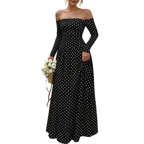 Dpjklzsn Women's Off The Shoulder Long Sleeve Maxi Dress Polka Dot Smocked Waist Flowy A Line Cocktail Dress