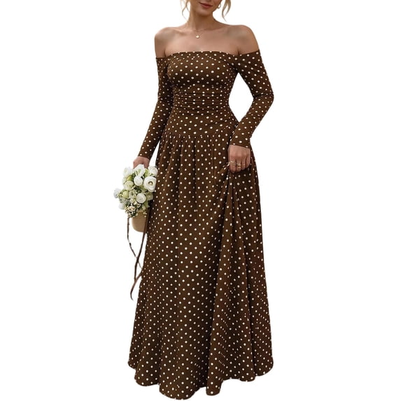 Dpjklzsn Women's Off The Shoulder Long Sleeve Maxi Dress Polka Dot Smocked Waist Flowy A Line Cocktail Dress