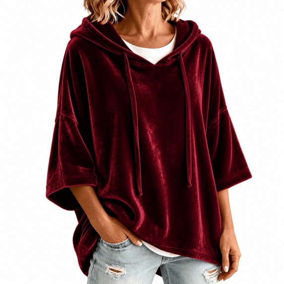 Dpjklzsn Women's Oversized Velour Hoodie Poncho, Drawstring V Neck Relaxed Pullover Top