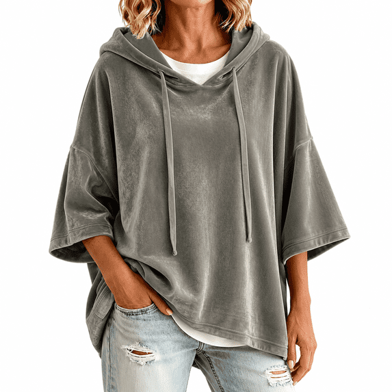 Dpjklzsn Women's Oversized Velour Hoodie Poncho, Drawstring V Neck Relaxed Pullover Top
