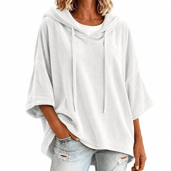 Dpjklzsn Women's Oversized Velour Hoodie Poncho, Drawstring V Neck Relaxed Pullover Top