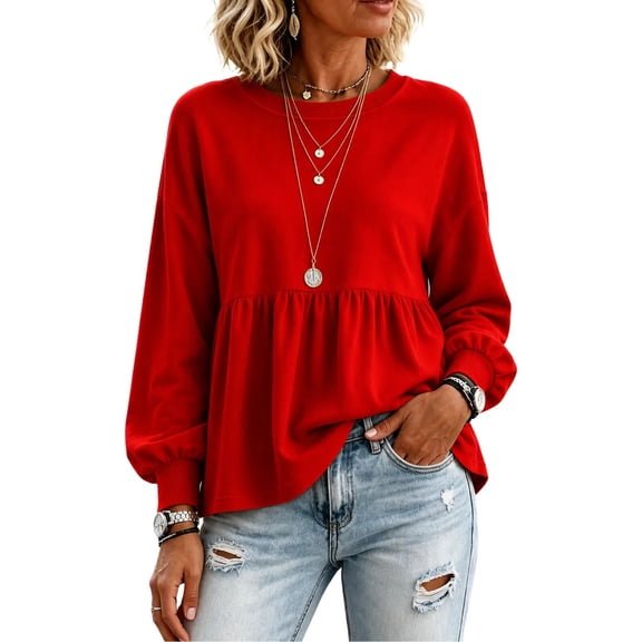 Dpjklzsn Women's Peplum Crewneck Sweatshirt, Long Sleeve Relaxed Pullover Top with Tiered Ruffle Hem