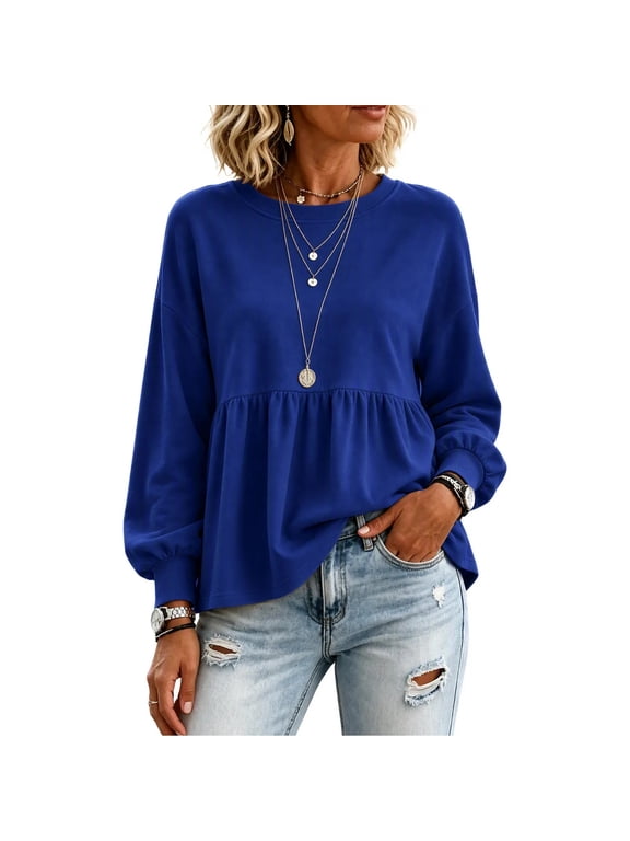Women's Peplum Crewneck Sweatshirt, Long Sleeve Relaxed Pullover Top with Tiered Ruffle Hem