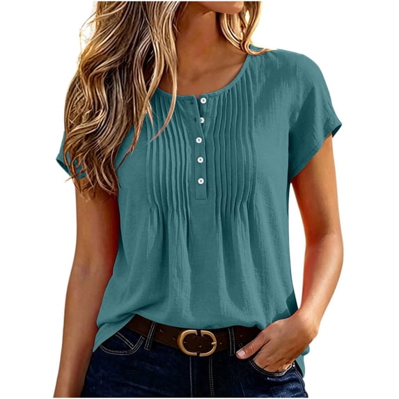 Dpjklzsn Women's Pintuck Short Sleeve Blouse, Half Button Crewneck Shirt with Pleated Front for Casual Summer Wear