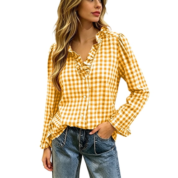 Dpjklzsn Women's Plaid Button Down Blouse with Ruffle Collar, Long Sleeves and Flared Cuffs