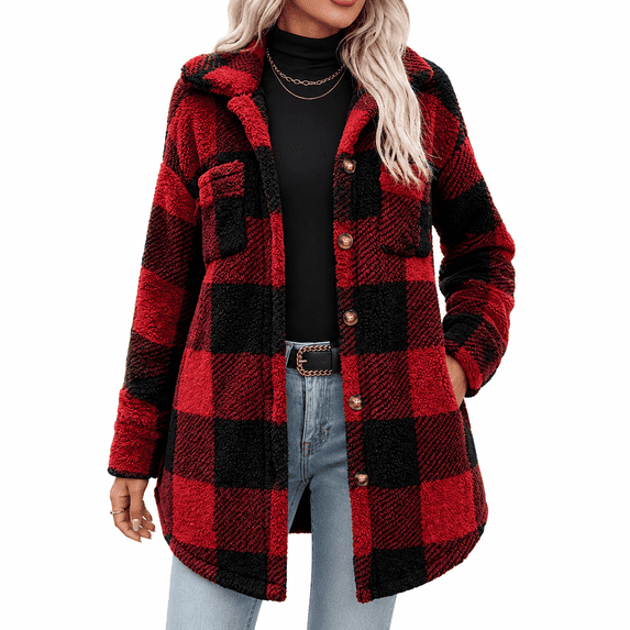 Dpjklzsn Women's Plaid Shacket Jacket, Soft Fuzzy Button Front Lapel Collar Long Sleeve Oversized Casual Winter Outerwear