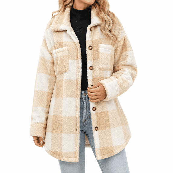 Dpjklzsn Women's Plaid Shacket Jacket, Soft Fuzzy Button Front Lapel Collar Long Sleeve Oversized Casual Winter Outerwear