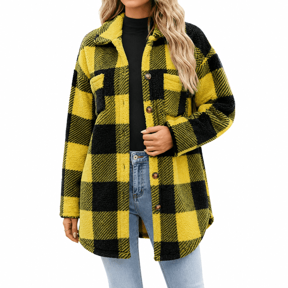 Dpjklzsn Women's Plaid Shacket Jacket, Soft Fuzzy Button Front Lapel Collar Long Sleeve Oversized Casual Winter Outerwear