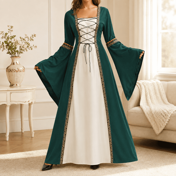Dpjklzsn Women's Plus Size Medieval Renaissance Gown with Lace Up Bodice, Long Bell Sleeves and Floor Length Skirt