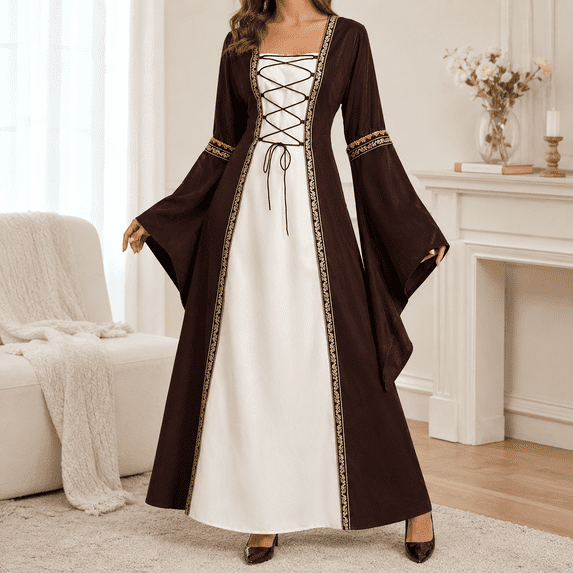 Dpjklzsn Women's Plus Size Medieval Renaissance Gown with Lace Up Bodice, Long Bell Sleeves and Floor Length Skirt