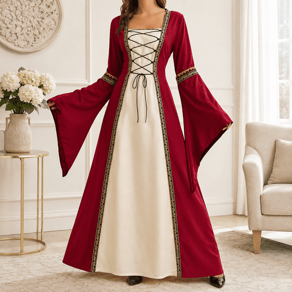 Dpjklzsn Women's Plus Size Medieval Renaissance Gown with Lace Up Bodice, Long Bell Sleeves and Floor Length Skirt