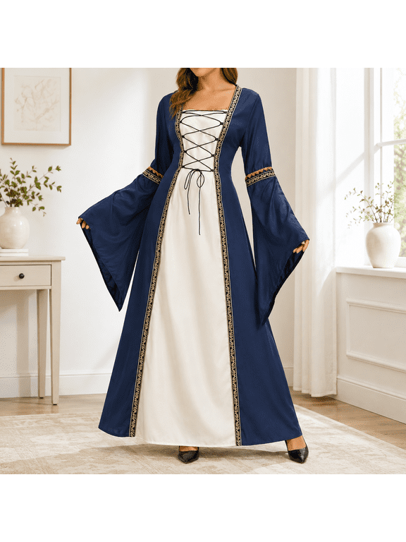 Women's Plus Size Medieval Renaissance Gown with Lace Up Bodice, Long Bell Sleeves and Floor Length Skirt