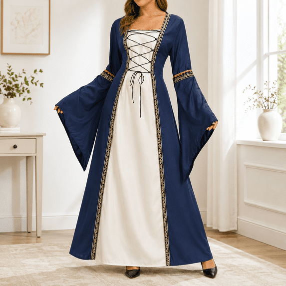 Dpjklzsn Women's Plus Size Medieval Renaissance Gown with Lace Up Bodice, Long Bell Sleeves and Floor Length Skirt