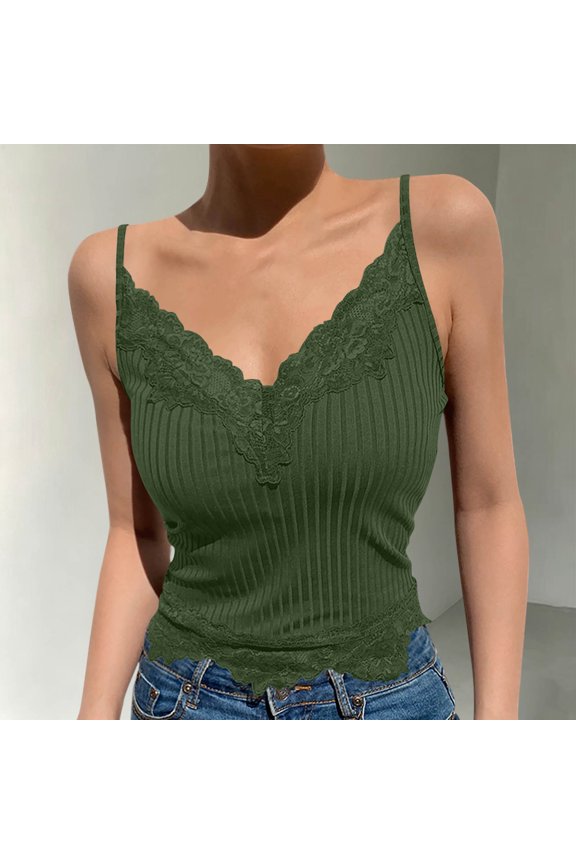 Women's Polyester-Spandex Lace-Trim V-Neck Ribbed Camisole with Slim Straps