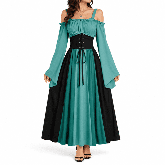 Dpjklzsn Women's Renaissance Medieval Dress with Square Neck, Lace Up Corset Waist and Bell Sleeves