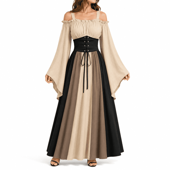 Dpjklzsn Women's Renaissance Medieval Dress with Square Neck, Lace Up Corset Waist and Bell Sleeves