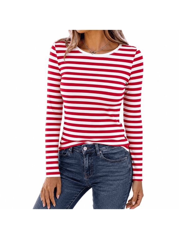 Women's Ribbed Stripe Long Sleeve Top, Crew Neck Knit Casual Shirt