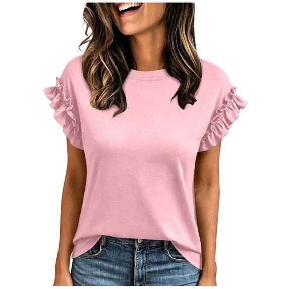 Dpjklzsn Women's Ruffle Flutter Sleeve Crew Neck Short Sleeve Top, Easy Fit Lightweight Ruffle Detail Everyday Shirt for Daily Wear