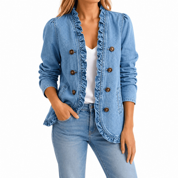Dpjklzsn Women's Ruffle Trim Denim Jacket, Double Breasted Long Sleeve Casual Open Front Coat with Pockets