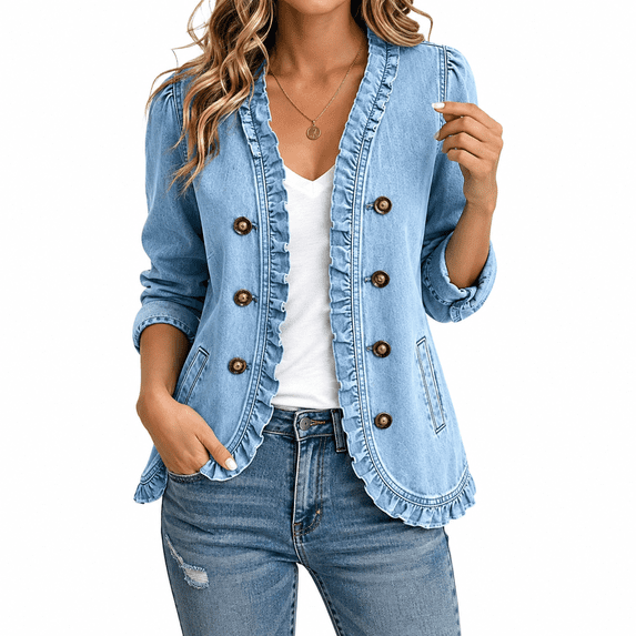 Dpjklzsn Women's Ruffle Trim Denim Jacket, Double Breasted Long Sleeve Casual Open Front Coat with Pockets