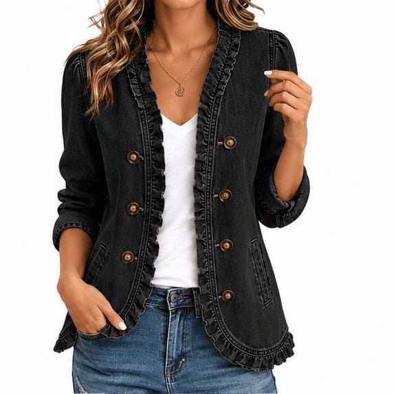 Dpjklzsn Women's Ruffle Trim Denim Jacket, Double Breasted Long Sleeve Casual Open Front Coat with Pockets