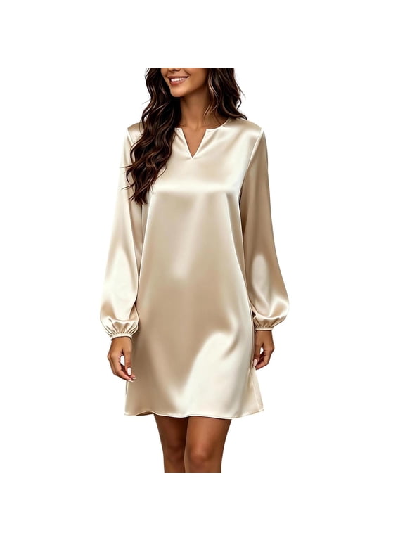 Women's Satin Split V Neck Long Sleeve Shift Dress with Elastic Cuffs for Casual Evening and Dinner Wear
