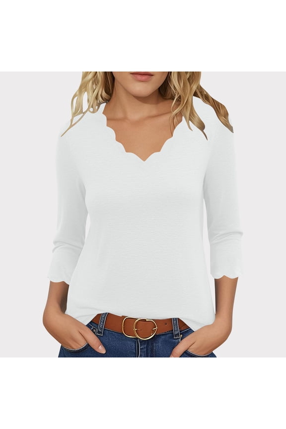 Women's Scallop V-Neck Top, Three-Quarter Sleeve Dressy Casual Blouse
