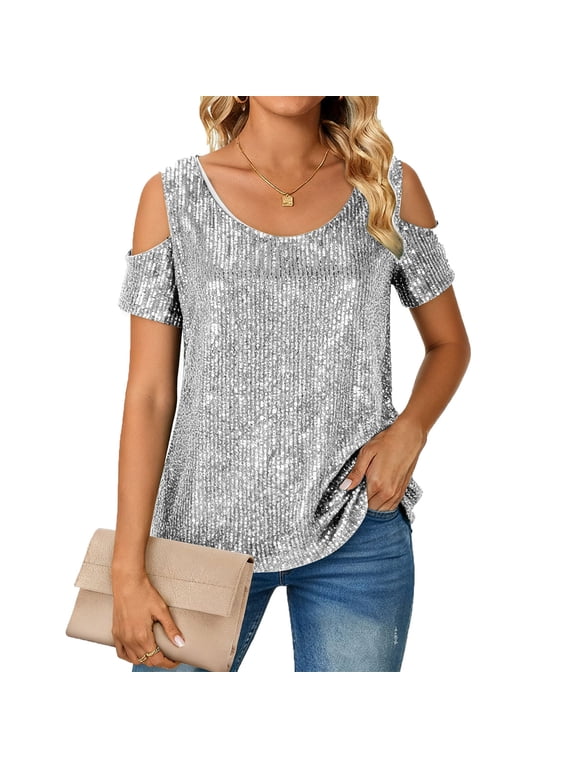 Women's Sequin Short Sleeve Top, Cold Shoulder Crew Neck Plus Size Shirt