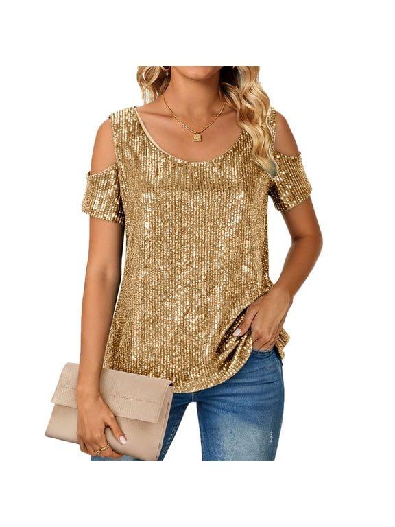 Women's Sequin Short Sleeve Top, Cold Shoulder Crew Neck Plus Size Shirt