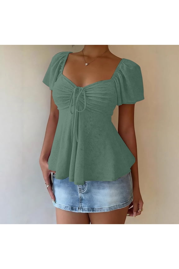Women's Short Puff-Sleeve Ruched Neckline Peplum Blouse with Front Drawstring - Polyester