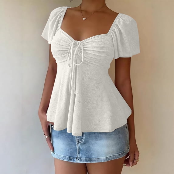 Dpjklzsn Women's Short Puff-Sleeve Ruched Neckline Peplum Blouse with Front Drawstring - Polyester